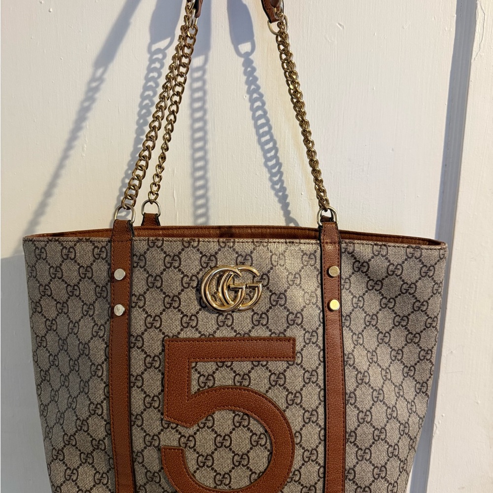 Gucci Brown GG Canvas Tote Bag with Leather Trim